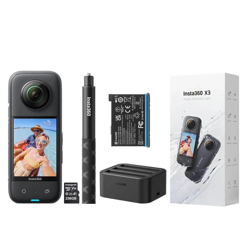 Insta360 X3 360 Degree Waterproof Action Camera Invisible Selfie Stick, Battery, Fast charging hub and 256GB MicroSDHC memory card