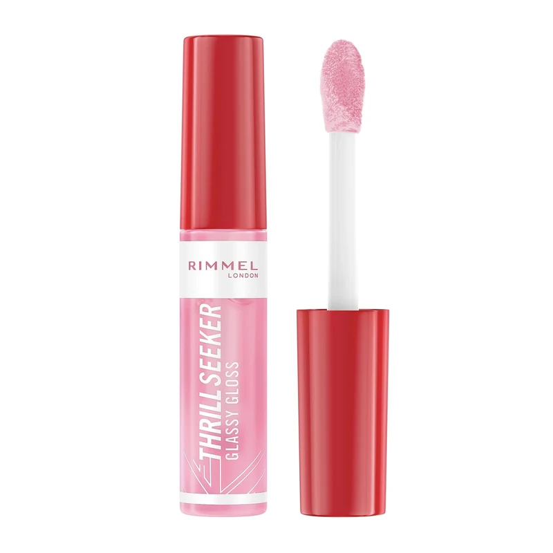 Rimmel Thrillseeker Glassy Gloss 150 Pink Candy, Hydrating Shine, Hyaluronic Acid, Anti-Oxidant Complex, Non-Sticky, Big Applicator, Healthy-Looking Lips, Delicious Scent, Vegan, Cruelty Free