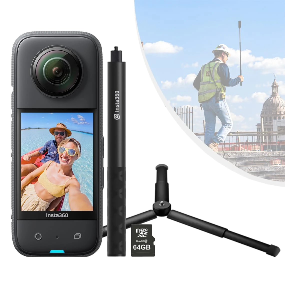 Insta360 X3 360 Degree Action Camera SURVEY Kit inc: Invisible Selfie Stick + Tripod + 64GB