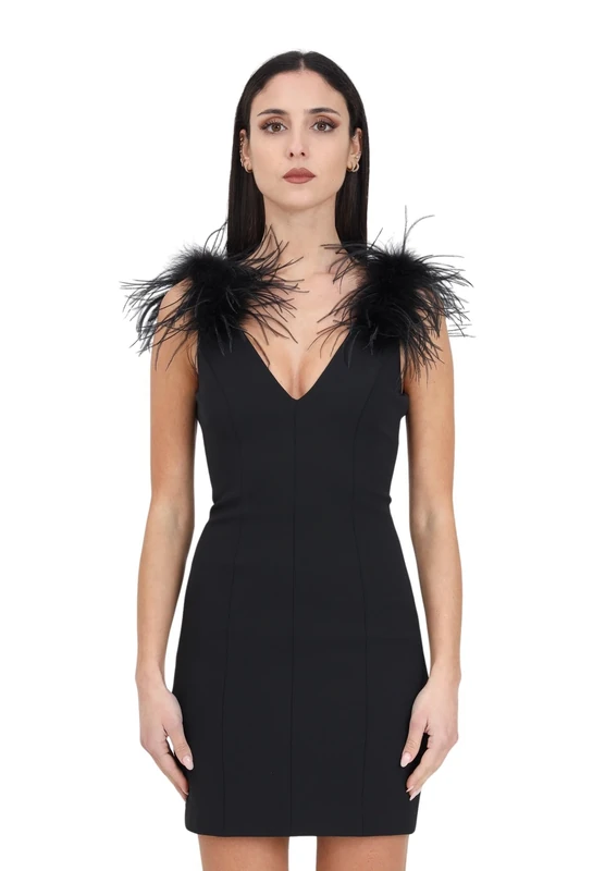 Pinko Women's Pica Stretch Technical Crepe Dress + Feathers Homecoming, Z99_Black Limousine, UK XL