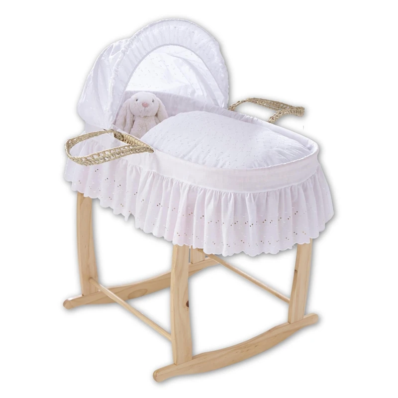 Clair de Lune Broderie Anglaise Palm Moses Basket with Deluxe Rocking Stand, Baby Bassinet 75 x 28 cm