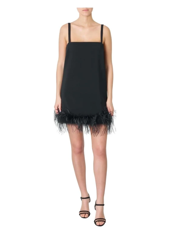 Pinko Women's Trebbiano Stretch Crepe Dress with Feathers Homecoming, Z99_Black Limousine, 10