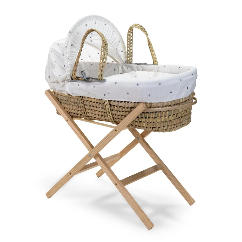 Clair de Lune Lullaby Hearts Palm Moses Basket with Natural Folding Stand 75 x 28 cm