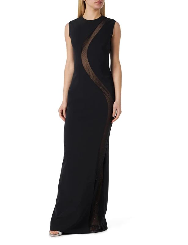 Pinko Nipple Crepe Technical Stretch + Tulle with Rhinestones Women's Evening Dress, Z99_Black Limousine, 8