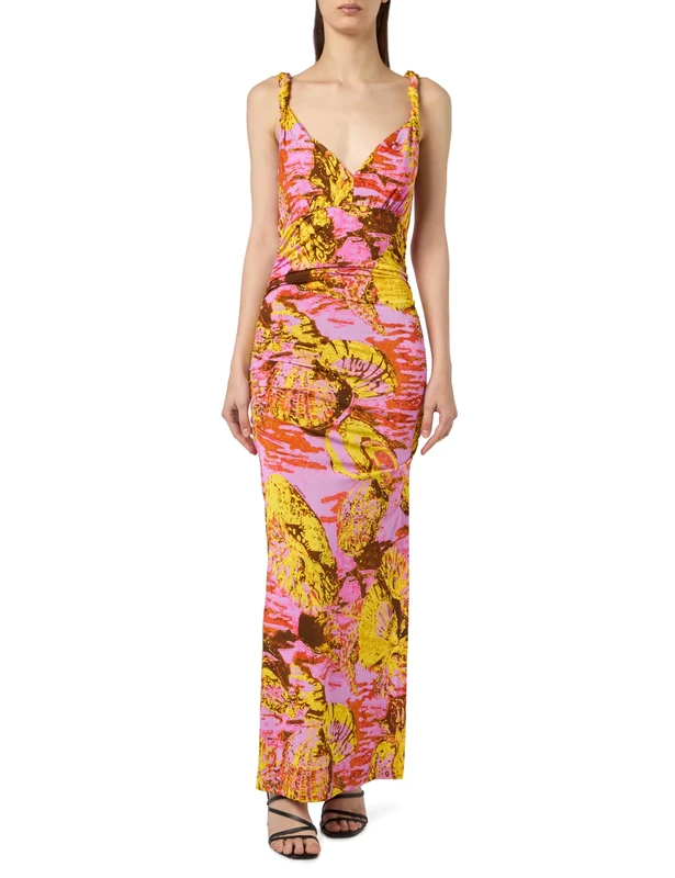 Pinko Women's Achei Chemical Sea Print Jersey Dress Cocktail, Nh6_Multi Pink/Yellow, S