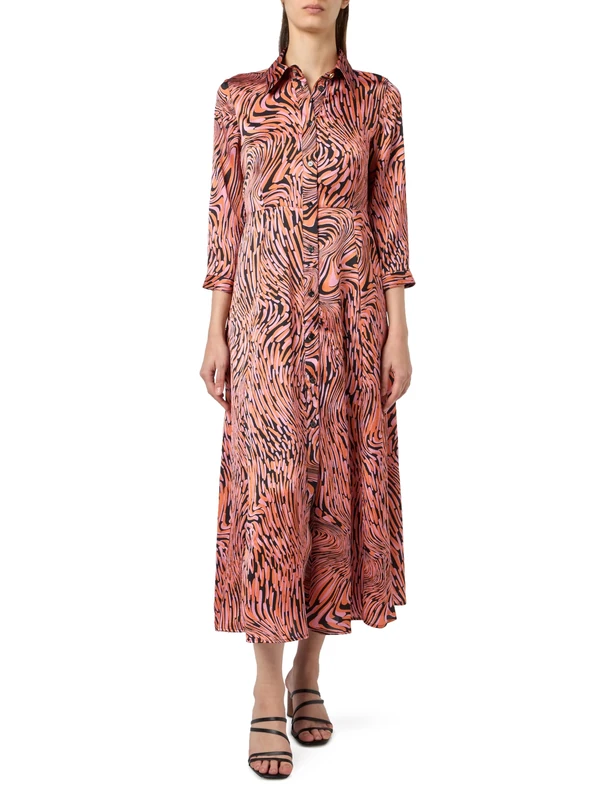 Pinko Women's Amimone Distorted Print Bubble Satin Dress Casual, Zp1_Black/Pink/Orange, UK 10.5