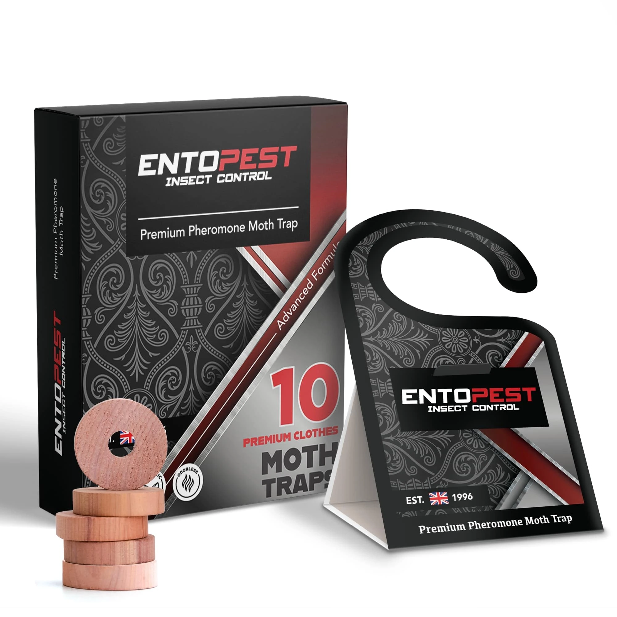 Entopest | 10 Moth Monitoring Peds + 5 Natural Cedar Rings – Detect Clothes Moth Activity in Wardrobes & Rooms – Compatible with Entopest Hanger Units