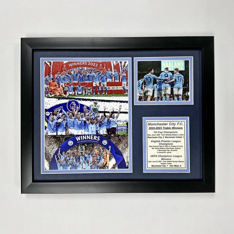 Legends Never Die, Inc. Manchester City F.C. | 2022-2023 Treble Winners | Historic Season Championships Collage 12"x15" Framed Photo Collage Under Glass