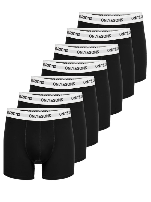 ONLY & SONS Onsfitz Solid Men's Boxer Shorts, Black Trunks, Pack of 7, XS - XXL, Black/Detail:White Waist Black Logo, XXL