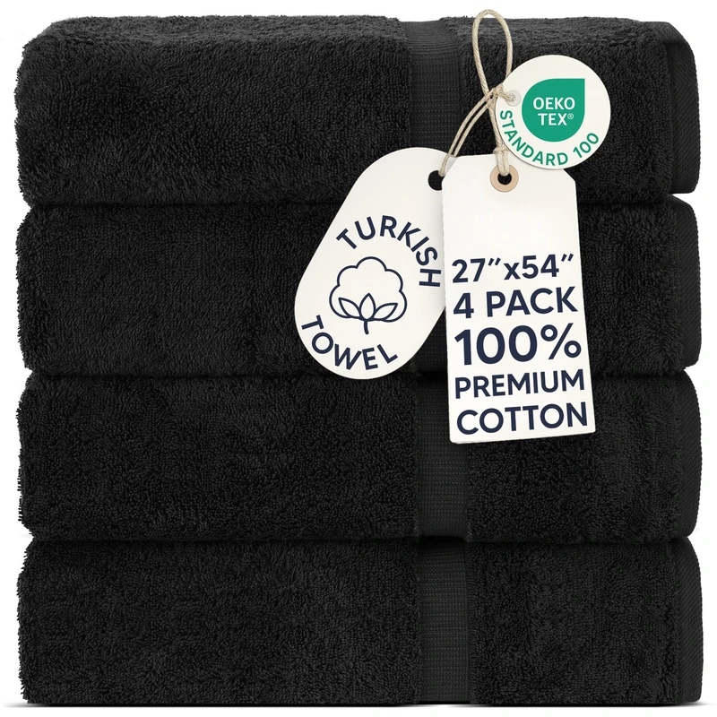 Chakir Turkish Linens | Hotel & Spa Quality 100% Cotton Premium Turkish Towels | Soft & Absorbent (4-Piece Bath Towels, Black)