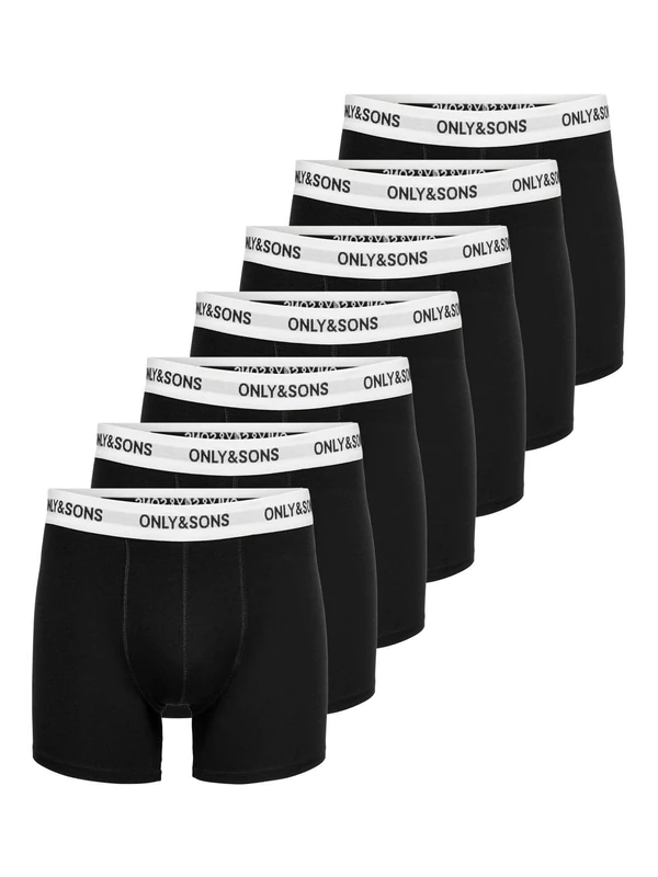 ONLY & SONS Onsfitz Solid Men's Boxer Shorts, Black Trunks, Pack of 7, XS - XXL, Black/Detail:White Waist Black Logo, L