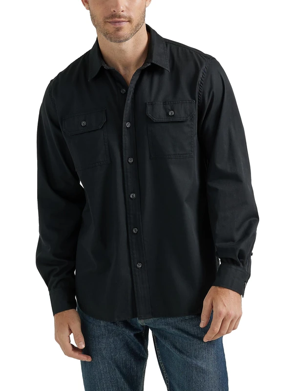 Wrangler Authentics Men's Long Sleeve Classic Woven Shirt, Black, 3XL