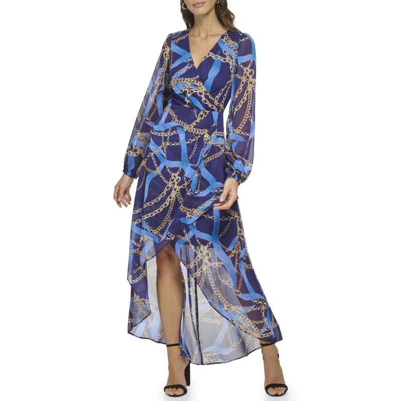 GUESS Women's Longsleeve Scarf Print Chiffon Maxi Dress, Ink Multi, 8 - Image 1