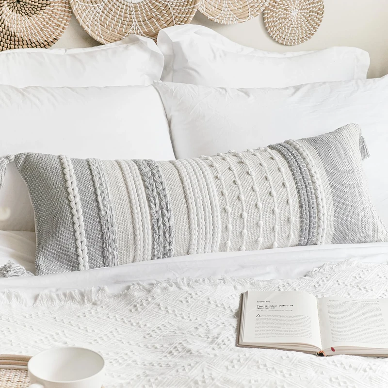 BlissBlush Gray Decorative Lumbar Pillow Cover 14x36, Grey Boho Long Body Pillow for Bed, Farmhouse Lumbar Throw Pillow for Couch, Modern Accent Textured Throw Pillowcase