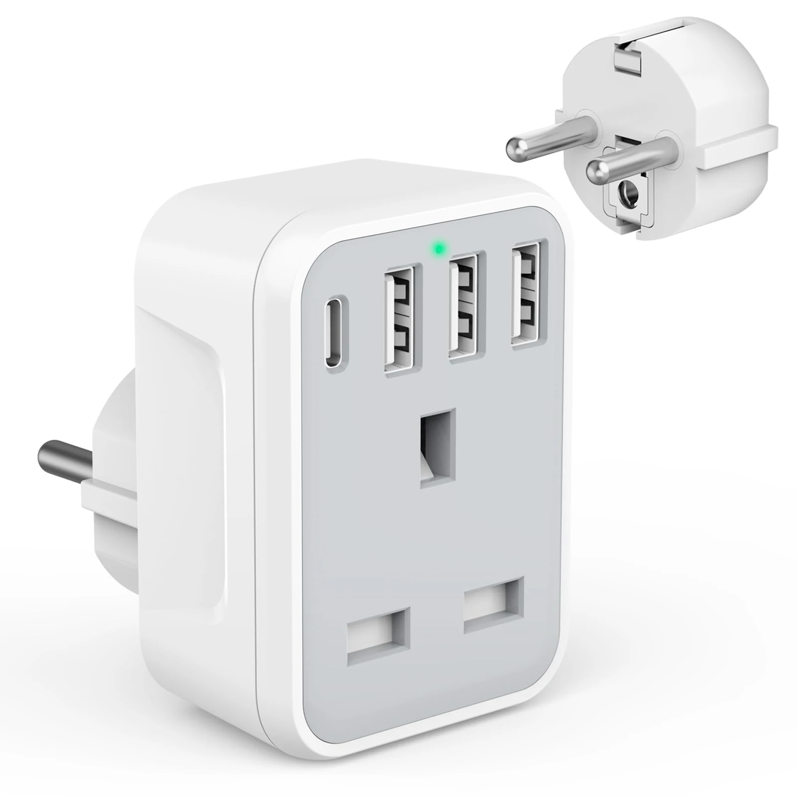 UK to European Travel Adaptor with 4 USB Ports(1 USB C), Grounded EU Euro Europe to UK Power Plug Adapter for Germany Spain France Iceland Greece Poland Netherlands Austria Turkey etc (Type E/F)