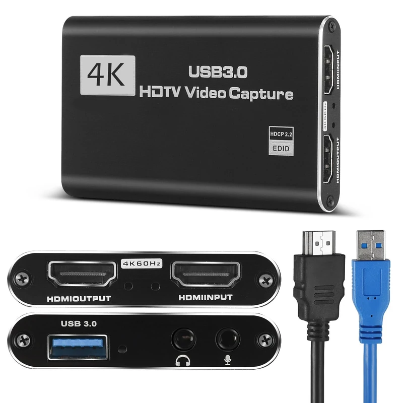 4K HDMI Video Capture Card, Gaming Capture Card with Microphone, Full HD 1080P 60FPS USB Capture Card, USB 3.0 HDMI Video Capture Device