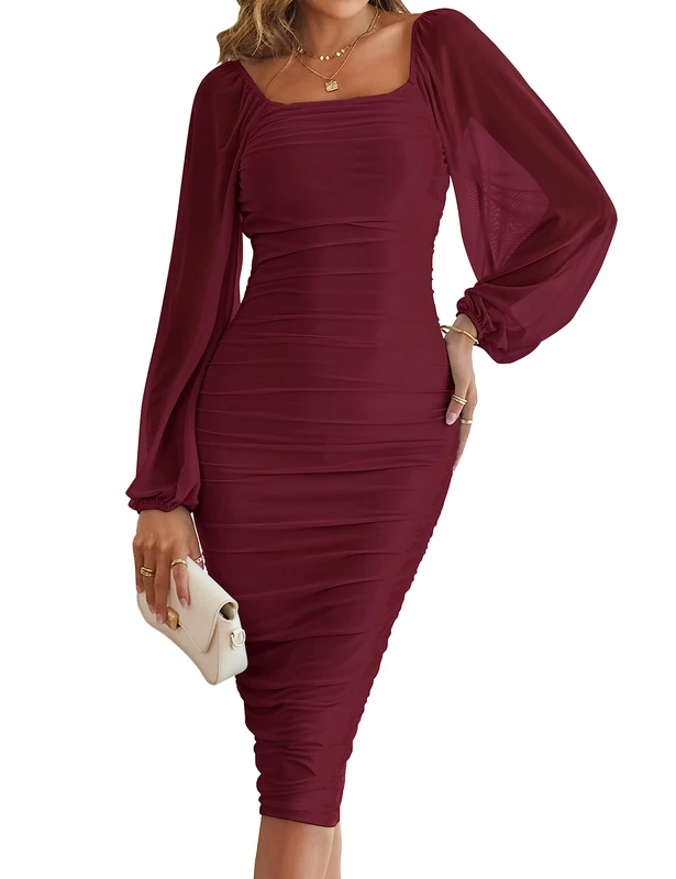 MEROKEETY Women's Long Puff Sleeve Ruched Bodycon Dress Square Neck Mesh Cocktail Party Midi Dresses, WineRed, L
