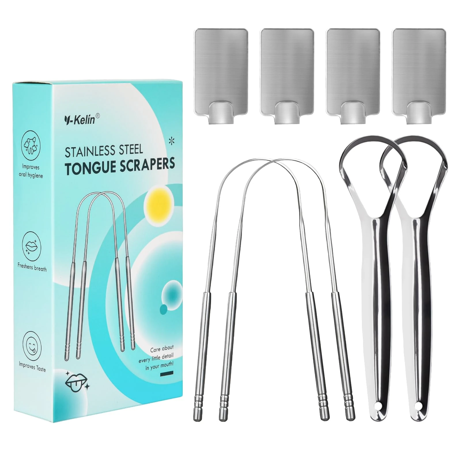 Y-Kelin 4 Pcs Stainless Steels Tongue Scrapers with Hooks, Metal Tongue Scrapers for Adults, for Oral Care, Fresh Breath and Clean Tongue（U-Shaped and Open Type）