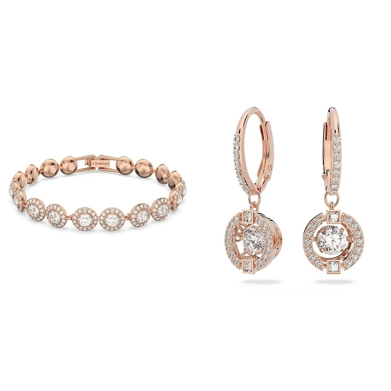 Swarovski Angelic bracelet, Round cut, White, Rose gold-tone plated & Sparkling Dance earrings, Round, White, Rose gold-tone plated