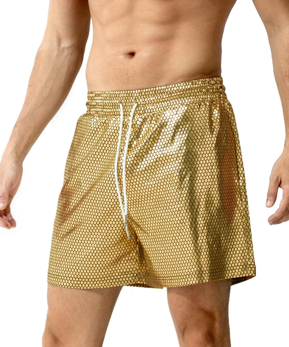 Casey Kevin Men's Metallic Shorts Reflective Rave Shorts with Pockets, CK311253-Gold Lattice, L