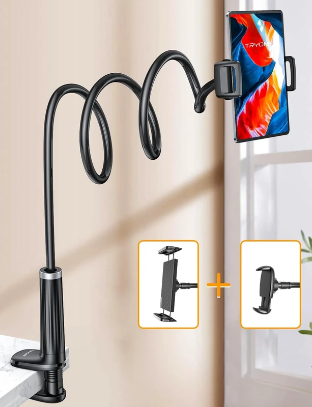 TRYONE Gooseneck Phone Holder Tablet Stand for Bed [Swivel Base] Adjustable Lazy Arm with 2 Clips Phone Tablet Holder Desk Mount Compatible iPad Pro Air Mini iPhone,Tabs,Fire, Switch All 4-13" Device