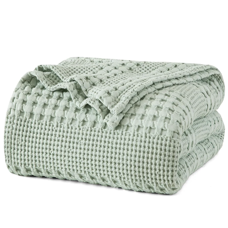PHF 100% Cotton Waffle Weave Blanket King Size for Bed, Soft Lightweight & Breathable, All-Season Comfort, Luxury Aesthetic Christmas Blanket for Home Decor, 108"x90", Mint Green