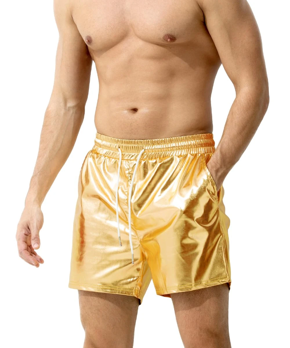 Casey Kevin Men's Metallic Shorts Reflective Rave Shorts with Pockets, CK3112-Gold, L