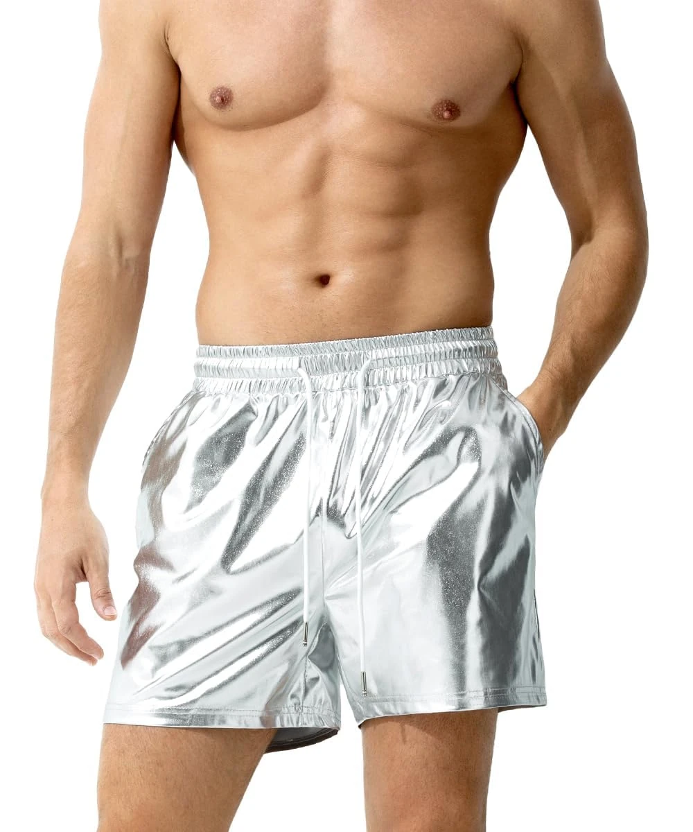 Casey Kevin Men's Metallic Shorts Reflective Rave Shorts with Pockets, CK3112-Silver, L