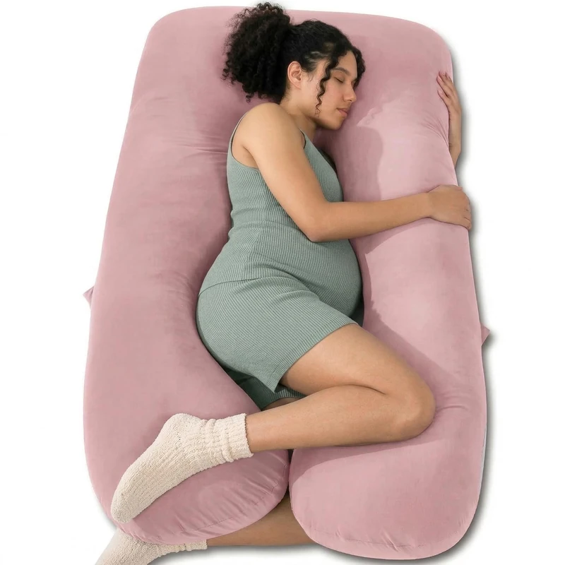 QUEEN ROSE Extra Long Pregnancy Pillows, 60 Inch U Shaped Body Pillow for Sleeping, Cooling Maternity Pillow for Pregnant Women, Body Support for Adults, with Soft Silky Cover, Pink - Image 1