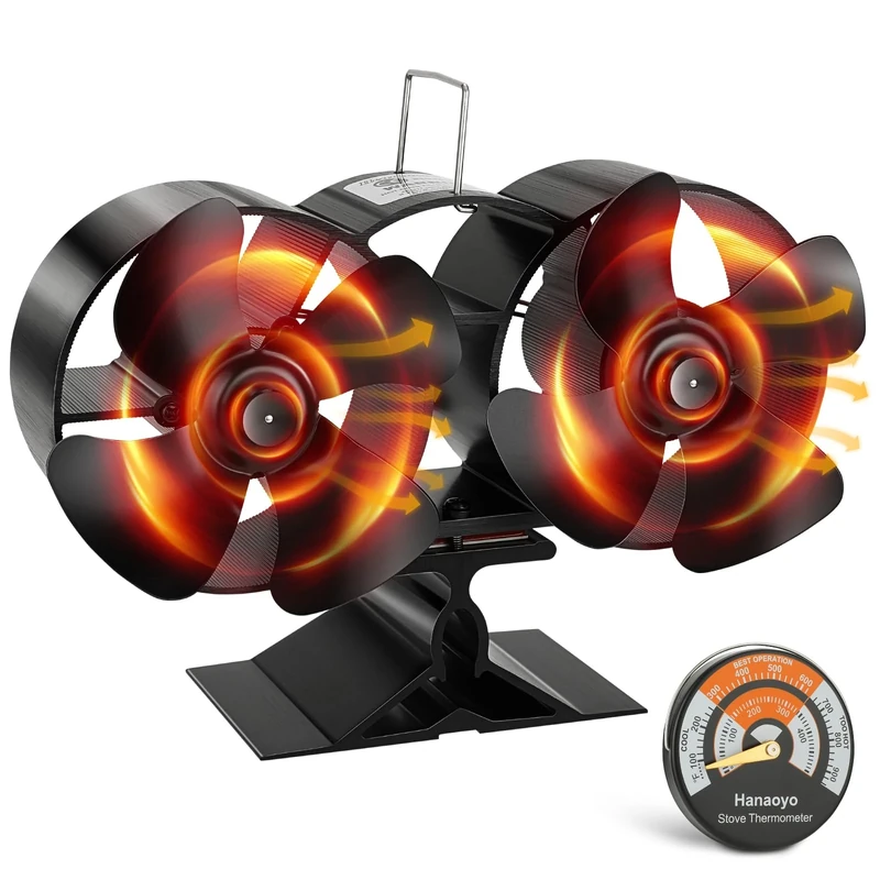Hanaoyo Stove Fan, Log Burner Fan with Double Motors, Heat Powered Silent Operation with Stove Thermometer, for Wood/Log Burner/Fireplace