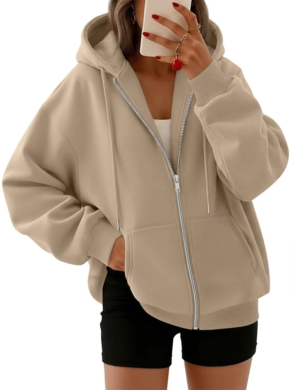 Trendy Queen Womens Zip Up Hoodies Oversized Sweatshirts Fall Fashion Outfits Sweaters Casual Jackets 2024 Winter Clothes, Dark Khaki, Medium