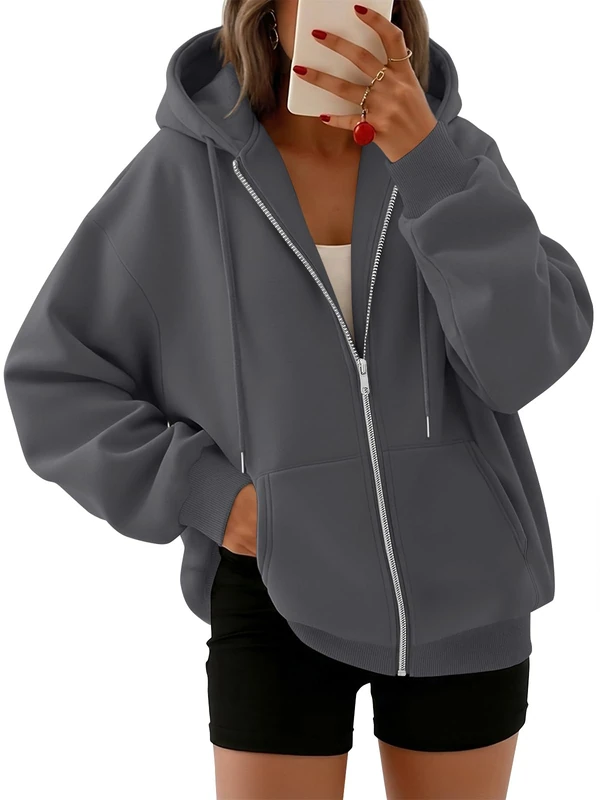 Trendy Queen Womens Zip Up Hoodies Oversized Sweatshirts Fall School Fashion Outfits Casual Jackets 2025 Winter Clothes, Black Grey, Large - Image 1
