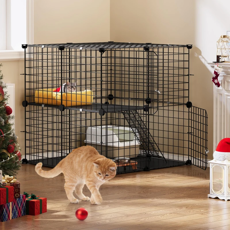 YITAHOME Cat Cage Indoor/Outdoor, DIY Cat Enclosures with 2 Doors, 1 Ladders, Metal Cat Playpen 2-Tiers Kennels Pet Crate, Pet Cage for Cats, Bunny, Chinchilla, Black, 71 x 71 x 71 cm