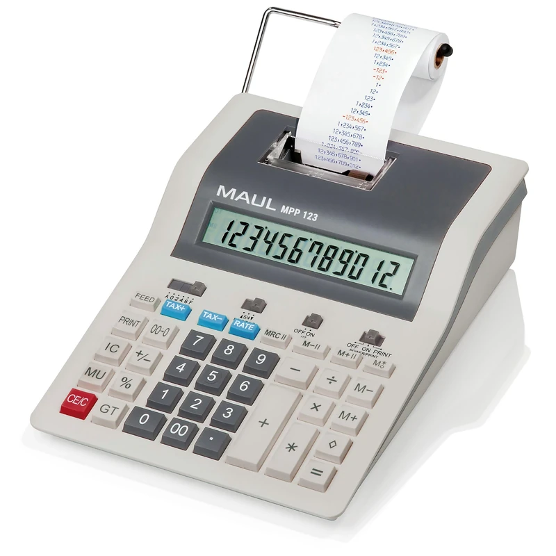 Maul Desktop Calculator Printing MPP 123, Printing Calculator with Important Commercial Functions and 12-Digit Display, 2-Colour Print, 2.4 Lines/Sec, Mains Operated, Grey