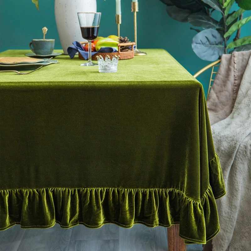 GLORY SEASON Velvet Tablecloth Luxurious Solid Rectangle/Oblong Retro Farmhouse Ruffle Tablecloths Washable Table Cover for Party Wedding Baby Shower Kitchen Dinning Tabletop Decoration 60x102 Inch