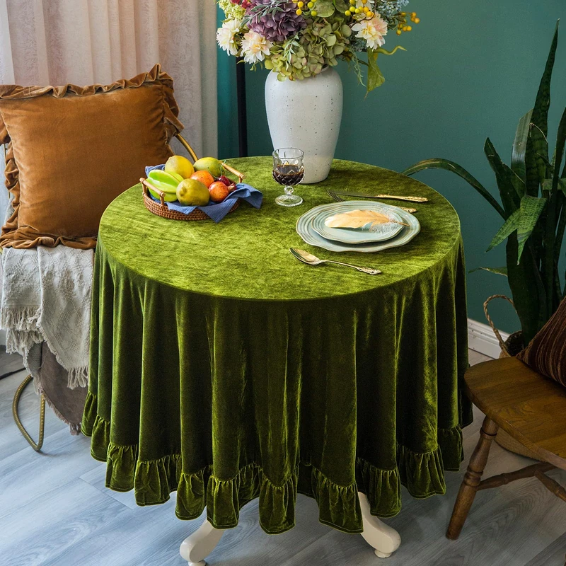GLORY SEASON Velvet Tablecloth Luxurious Solid Round Table Cloth,Oblong Retro Farmhouse Ruffle Tablecloths Washable Table Cover for Party Wedding Baby Shower Kitchen Dinning Tabletop Decoration