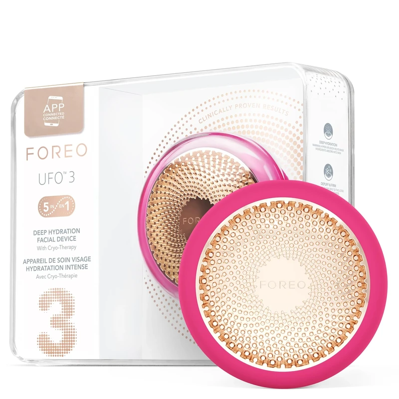 FOREO UFO 3-5-in-1 Full Facial LED Mask Treatment - Deep Moisturiser - Anti Aging Face Mask Beauty - Thermotherapy - Cryotherapy - Face Massager - Fuchsia