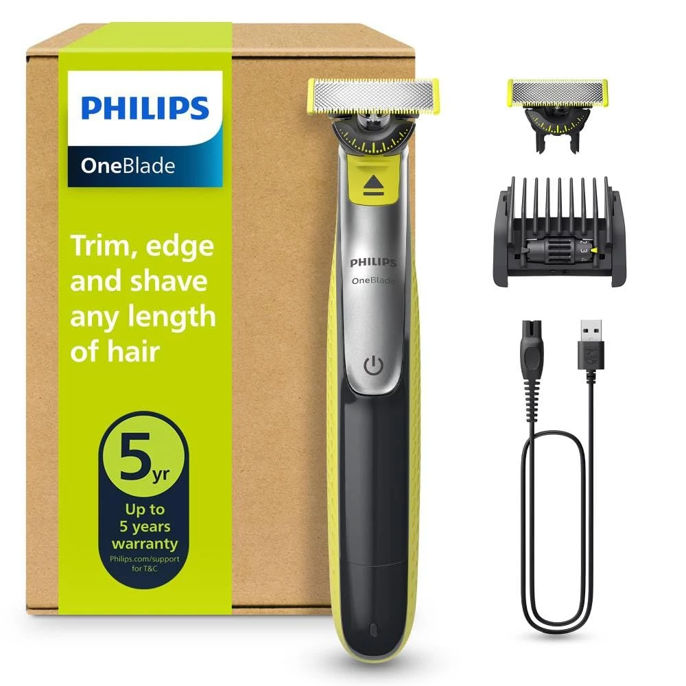 Philips OneBlade 360 Face, Authentic Hybrid Electric Beard Trimmer & Shaver with 360 Blade Innovation. Incl. 1x 360 Blade, 1 x Extra 360 Blade (8 Month Supply), 5-in-1 Adjustable Comb, Model QP2734/30