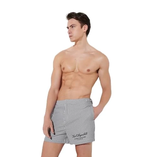 KARL LAGERFELD Men's Hotel Karl Board Shorts, Tonal White Stripe, M