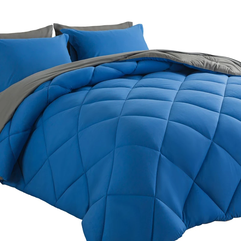 Cosybay Bed in a Bag King Comforter Sets 7pcs All Season Solid Down Alternative Bedding Sets Blue and Grey with Comforter, Pillow Shams, Flat Sheet, Fitted Sheet and Pillowcases