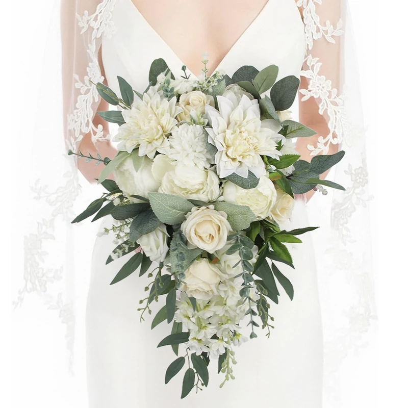 Rinlong White Green Cascade Bouquet Wedding Bouquets for Bride Cascading Wedding Bouquet Bridal Bouquet Artificial Flowers - Image 1