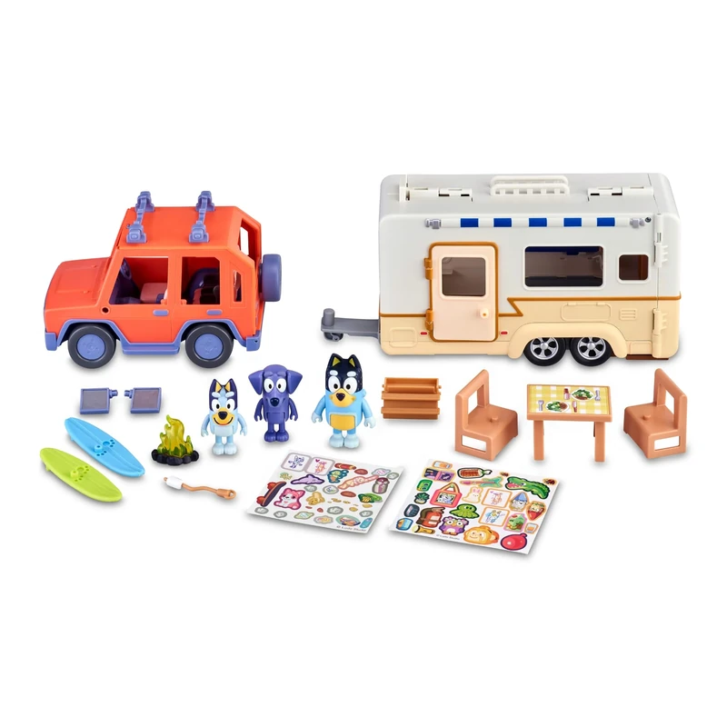 Bluey - Family Cruiser + Campervan Set, Playset Family Car Holiday Caravan, with 3 Figures, 10 Accessories and Decorative Stickers, 3 Years Famous (BLY53000)