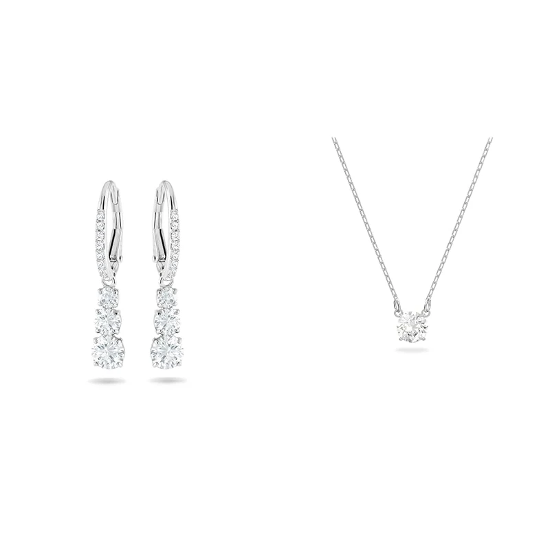 Swarovski Attract Trilogy earrings, White, Rhodium plated & Attract necklace, Round cut, White, Rhodium plated