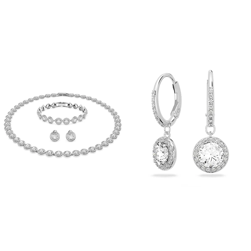 Swarovski Angelic set, Round cut, White, Rhodium plated & Angelic drop earrings, Round cut, White, Rhodium plated