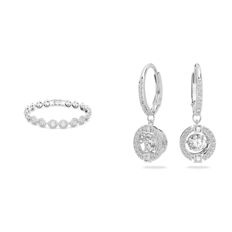 Swarovski Angelic bracelet, Round cut, White, Rhodium plated & Sparkling Dance earrings, Round, White, Rhodium plated
