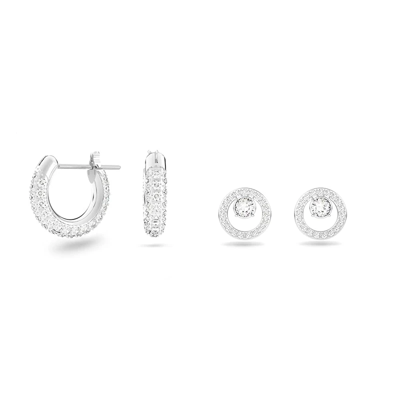 Swarovski Stone hoop earrings, Small, White, Rhodium plated & Creativity stud earrings, Circle, White, Rhodium plated