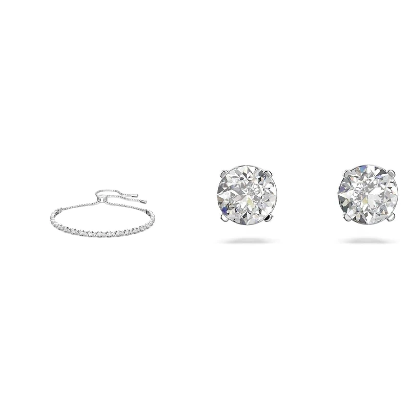 Swarovski Subtle Trilogy bracelet, White, Rhodium plated & Attract stud earrings, Round cut, Small, White, Rhodium plated