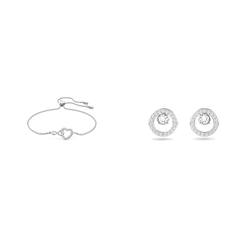 Swarovski Creativity Stud Earrings, Circle, White, Rhodium Plated & Infinity Bracelet, Infinity and Heart, White, Rhodium Plated