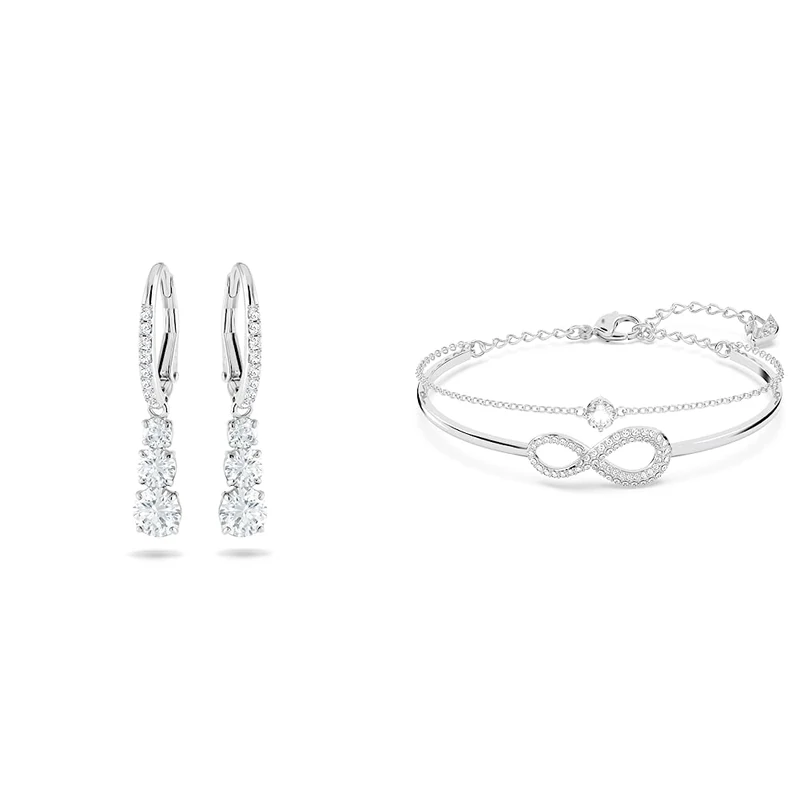 Swarovski Attract Trilogy earrings, White, Rhodium plated & Infinity bangle, Infinity, White, Rhodium plated