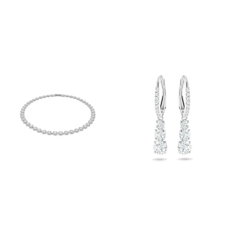 Swarovski Angelic necklace, Round cut, White, Rhodium plated & Attract Trilogy earrings, White, Rhodium plated